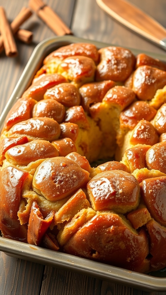 A warm, gooey monkey bread in a 9x13 pan, ready to be pulled apart and enjoyed.